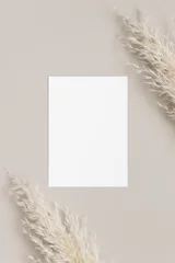 Weißes Einladungskartenmodell mit Pampasgrasdekoration. 5x7-Verhältnis, ähnlich wie A6, A5. © Snoflinga