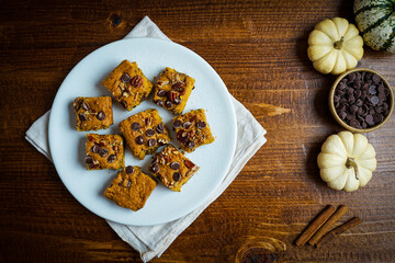 Pumpkin blondies with chocolate chips and pecans