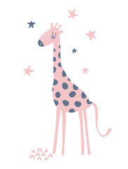 Funny Hand Drawn Safari Party Vector Illustration with Cute Dotted Giraffe and Stars. Simple Infantile Style Nursery Art with Pink Giraffe Isolated on a White Background.