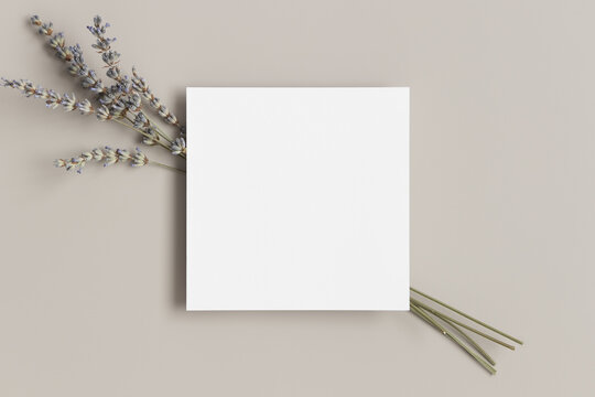 Square Invitation Card Mockup With A Bouquet Of A Lavender.