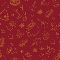 Vector holiday illustration with hot drinks, cakes and funny gingerman on a red background. Outline graphic objects for your design