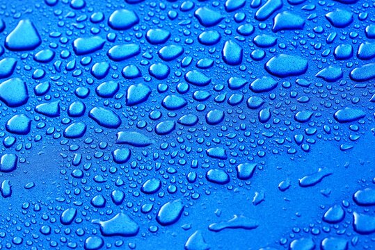 Bright blue background, crystal clear water drops (raindrops). Abstract natural pattern, wallpaper, concept art. Glittering paint texture. Graphic resources, design, 3D, decoration, macro photography
