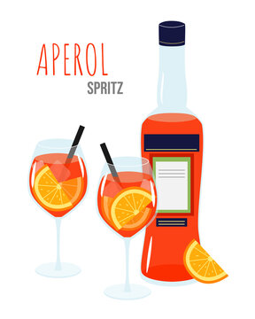 Aperol spritz cocktail on a white background. Two glasses and a bottle with aperol liquor.