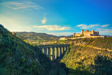 Fototapeta na wymiar Spoleto, Ponte delle Torri bridge and Rocca Albornoziana fortress. Umbria, Italy.
