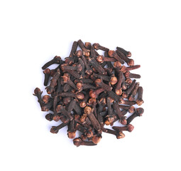 Closu-up top view of dried cloves on white background;spice is herb for health and  Aromatherapy .