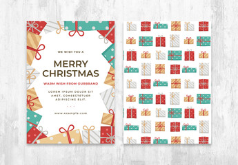 Christmas Card Flyer Invite Layout with Xmas Gift Illustrations
