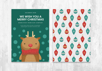 Christmas Card Flyer Layout with Cute Reindeer Character