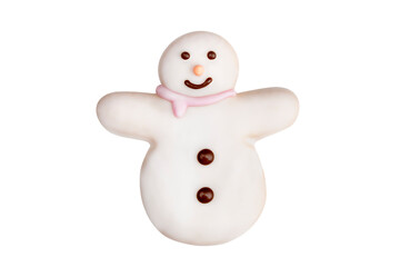 Delicious Christmas cookie in the shape of a snowman decorated with icing sugar and fondant...