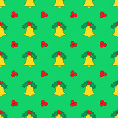 Christmas seamless pattern. Festive bell with a branch of holly on a green background.