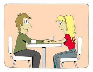 Young couple in a date, sitting and touching their hands. Cute cartoon style vector illustration.