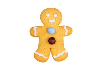 Delicious gingerbread Christmas cookie in the shape of a doll decorated with icing sugar and...