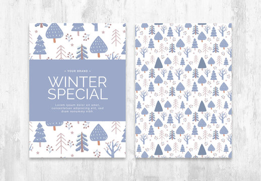 Snowy Winter Card Invite Layout with Scandinavian Christmas Tree Pattern