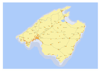 Palma de Mallorca island map with roads, Spain. Balearic Islands. Detailed vector illustration.