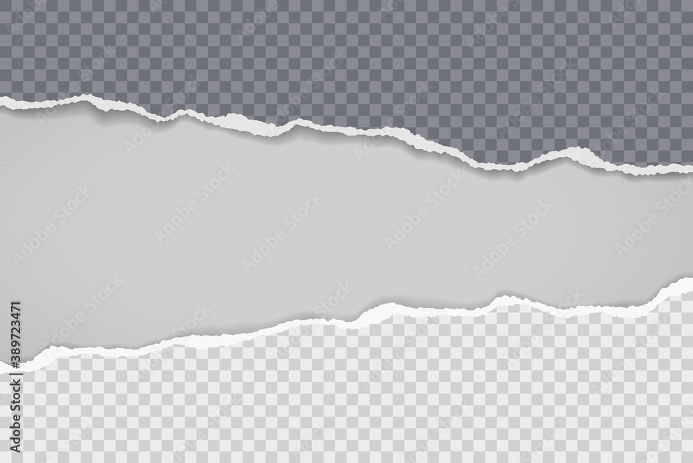 Poster piece of torn, ripped black and white paper with soft shadow is on transparent background for text. 