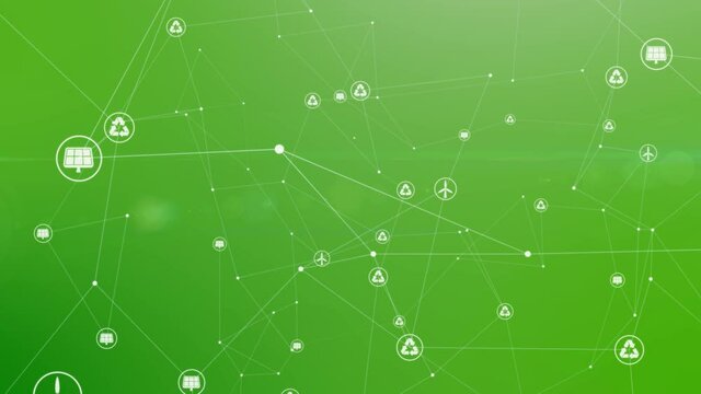 Ecology, recycling, natural environment and green energy symbols abstract, concept rendering, plexus animation. Ecological and earth protection.