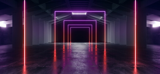 Neon Laser Electric Glowing Purple Red Blue Lights In Sci Fi Futuristic Warehouse Cement Concrete  Tunnel Corridor  Alien Spaceship 3D Rendering