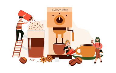 Miniature people funny characters in coffee shop drinking and decorating hot drinks and sitting on big coffee machine, flat cartoon vector illustration white background