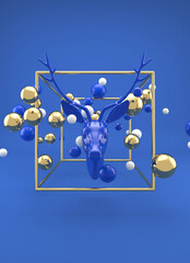 Deer on blue background 3d illustration realistic toy inside golden geometrical frame minimalist vertical representation