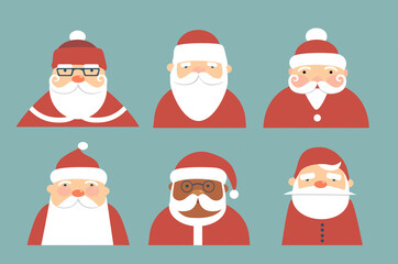 Collection of Santa Claus Characters, various faces with beard and hat flat icons. Santa Claus cartoon characters Christmas illustration icons set.