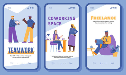 Set of onboarding pages on the topic of teamwork and coworking, cartoon flat vector illustration. Web application interface for freelancing and organizing project work.