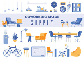 Coworking space supplies set including furniture and office work tools, flat vector illustration isolated on white background. Sharing usage of working environment.