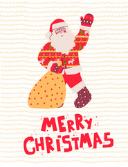Santa claus with gift, merry christmas. Funny cartoon character.