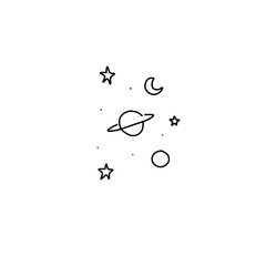 Hand drawn solar system with sun, planets, asteroids and other outer space objects. Cute and decorative doodle style line art.