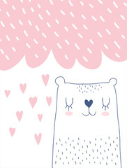 Funny Hand Drawn Baby Shower Vector Illustration with Cute Polar Bear, Big Cloud and Rain of Hearts. Simple Infantile Style Nursery Art with Teddy Bear Isolated on a White Background.