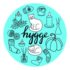 Hygge is a Danish living concept. Stock vector illustration of background with hand drawn illustrations cozy home things. Lettering hygge.