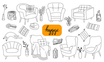 Hygge is a Danish living concept. Stock vector illustration of background with hand drawn illustrations cozy home things. 