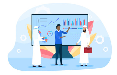 International Expo Exhibition with Arab Men. Businessman Presenting new product. Arabian people discussing and talking to company representative. Flat cartoon vector Illustration