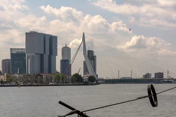 Papier Peint photo autocollant Pont Érasme View to Erasmusbrug (Erasmus Bridge) from across the Nieuwe Maas river. It is is combined cable-stayed and bascule bridge, nicknamed The Swan for its pale pylon.