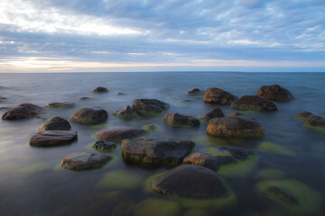 Blue hour view of Baltic sea coast with erratic boulders covered with seaweed.