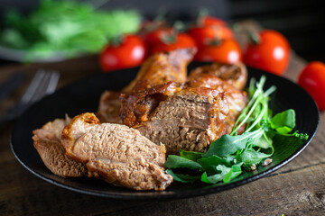 fried baked meat pork or beef ingredient for preparing a healthy meal snack top view copy space for text food background rustic keto or paleo diet