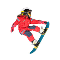 Little snowboarder girl jump isolated on white.