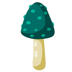 Mushroom with a blue cap. Natural natural product. Vegetation element of the forest. Flat cartoon illustration. Poisonous toxic plant