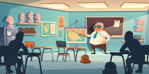 Old teacher trains children history in school classroom. Vector cartoon class interior with blackboard, historic map and famous people busts on shelf. Students study on lesson in college