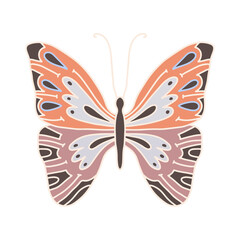 Vector illustration of a line art butterfly with colored wings. Redheads with purple wings on a white background isolated.Beautiful insect for greeting card or print. Design concept of beauty, freedom