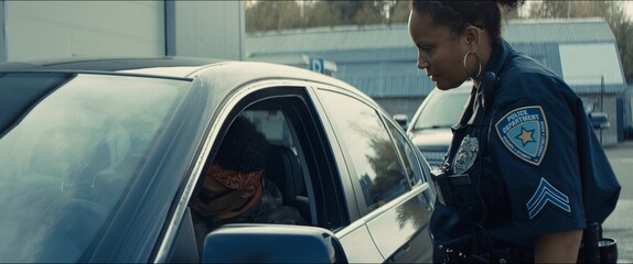 African-American black driver is being pulled off by mixed-race female police officer. Documents...