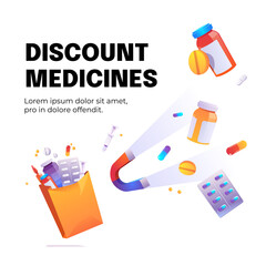 Discount medicines cartoon poster with magnet attract drugs, syringe and medical pills in bottles, ampoule and blisters. Price off promotion, health care, sale in pharmacy concept, vector illustration