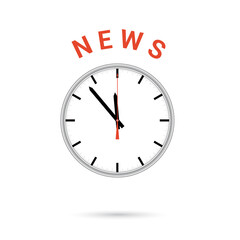  illustration of clock icon. Red arrow points to word NEWS. Conceptual icon.