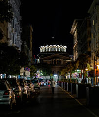 A night photo of a street, leading to one of the bigger cathedrals in the center of Sofia,...