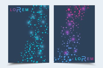 Scientific brochure design template. Vector flyer layout, Molecular structure with connected lines and dots. Scientific pattern atom DNA with elements for magazine, leaflet, cover, poster design.