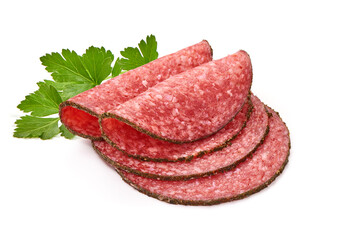 Peppered salami slices, isolated on white background