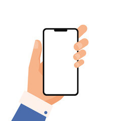 Hand holds a smartphone. Smartphone modern mockup template on white background. Vector illustration