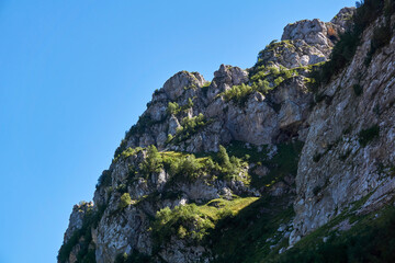 steep mountain cliffs, overgrown with vegetation, against the sky