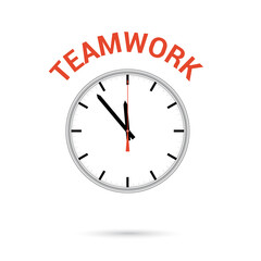 illustration of clock icon. Red arrow points to word TEAMWORK. Conceptual icon.