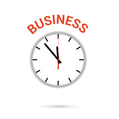  illustration of clock icon. Red arrow points to word BUSINESS. Conceptual icon.