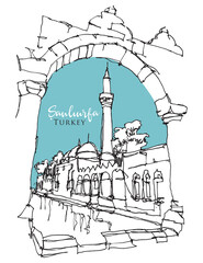 Drawing sketch illustration of Balikligol in Sanliurfa, southeast Turkey © EnginKorkmaz