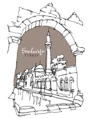Drawing sketch illustration of Balikligol in Sanliurfa, southeast Turkey © EnginKorkmaz